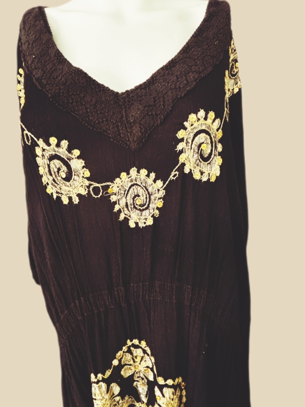 BoHo Chic Plus Size Black Maxi Cafton Embellished with Gold - Picture 3 of 7
